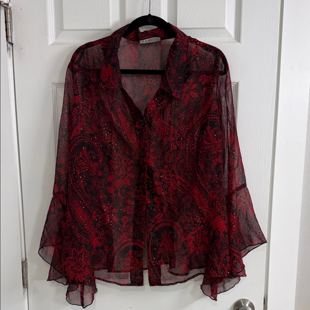 dressbarn Red and Black Paisley Sheer Blouse